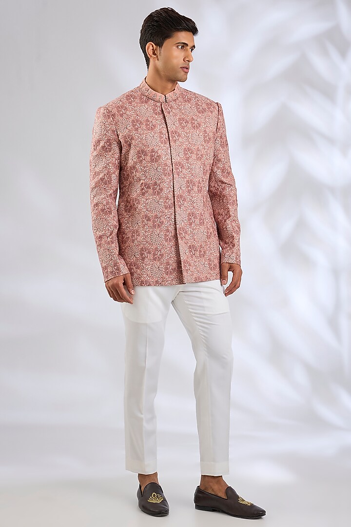 Pink Raw Silk Zari Embroidered Groom Bandhgala Set by Qbik Men at Pernia's Pop Up Shop
