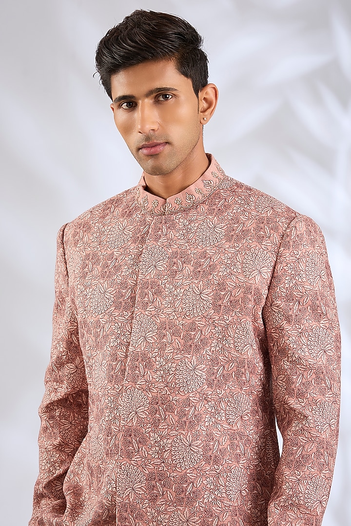 Pink Raw Silk Zari Embroidered Groom Bandhgala Set by Qbik Men at Pernia's Pop Up Shop