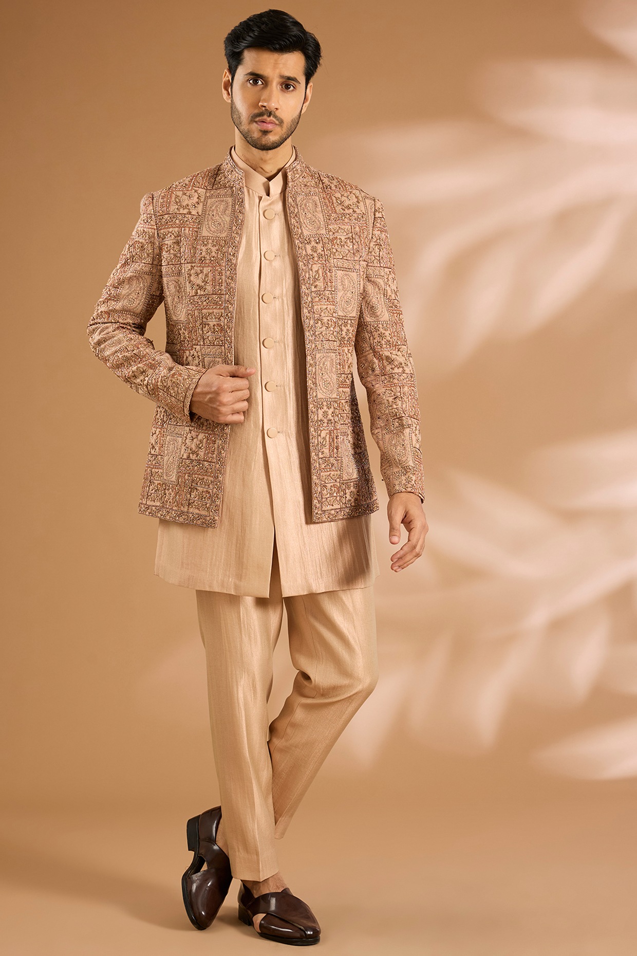 Qbik Peach Pashmina Silk Embroidered Bandhgala Set