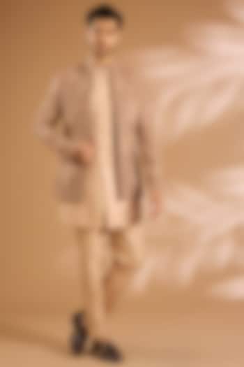 Peach Pashmina Silk Embroidered Groom Bandhgala Set by Qbik Men at Pernia's Pop Up Shop