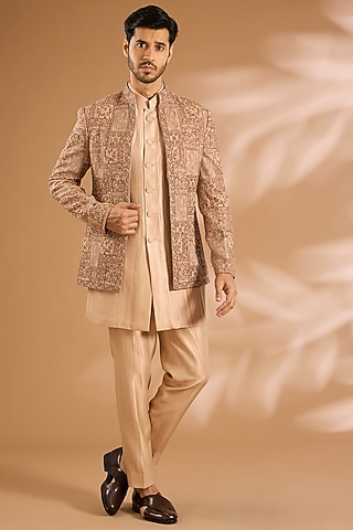 Peach Pashmina Silk Embroidered Bandhgala Set by Qbik Men