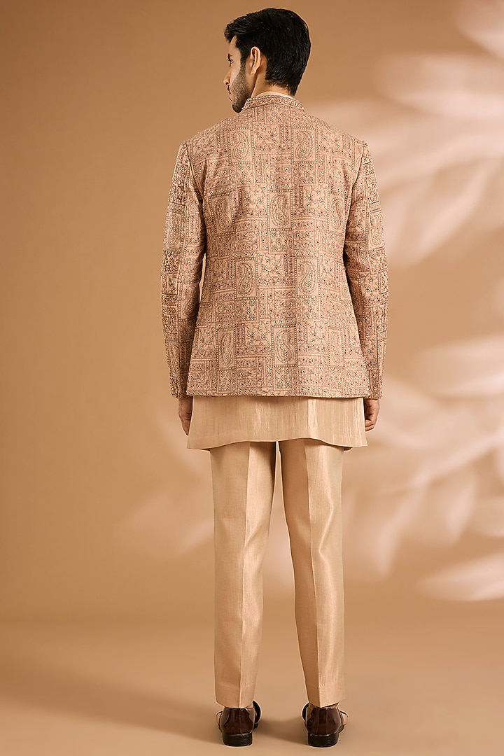 Peach Pashmina Silk Embroidered Groom Bandhgala Set by Qbik Men at Pernia's Pop Up Shop