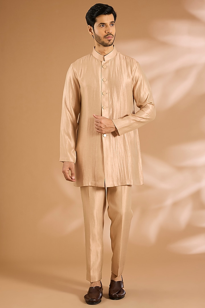 Peach Pashmina Silk Embroidered Groom Bandhgala Set by Qbik Men at Pernia's Pop Up Shop