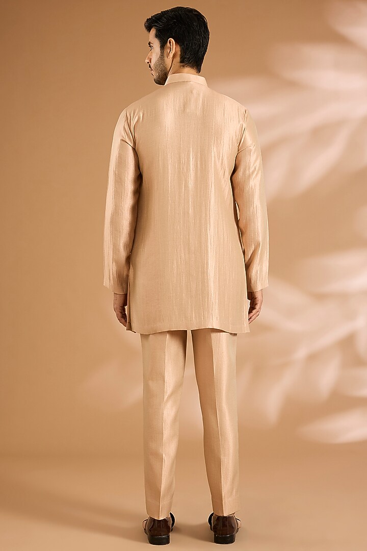 Peach Pashmina Silk Embroidered Groom Bandhgala Set by Qbik Men at Pernia's Pop Up Shop