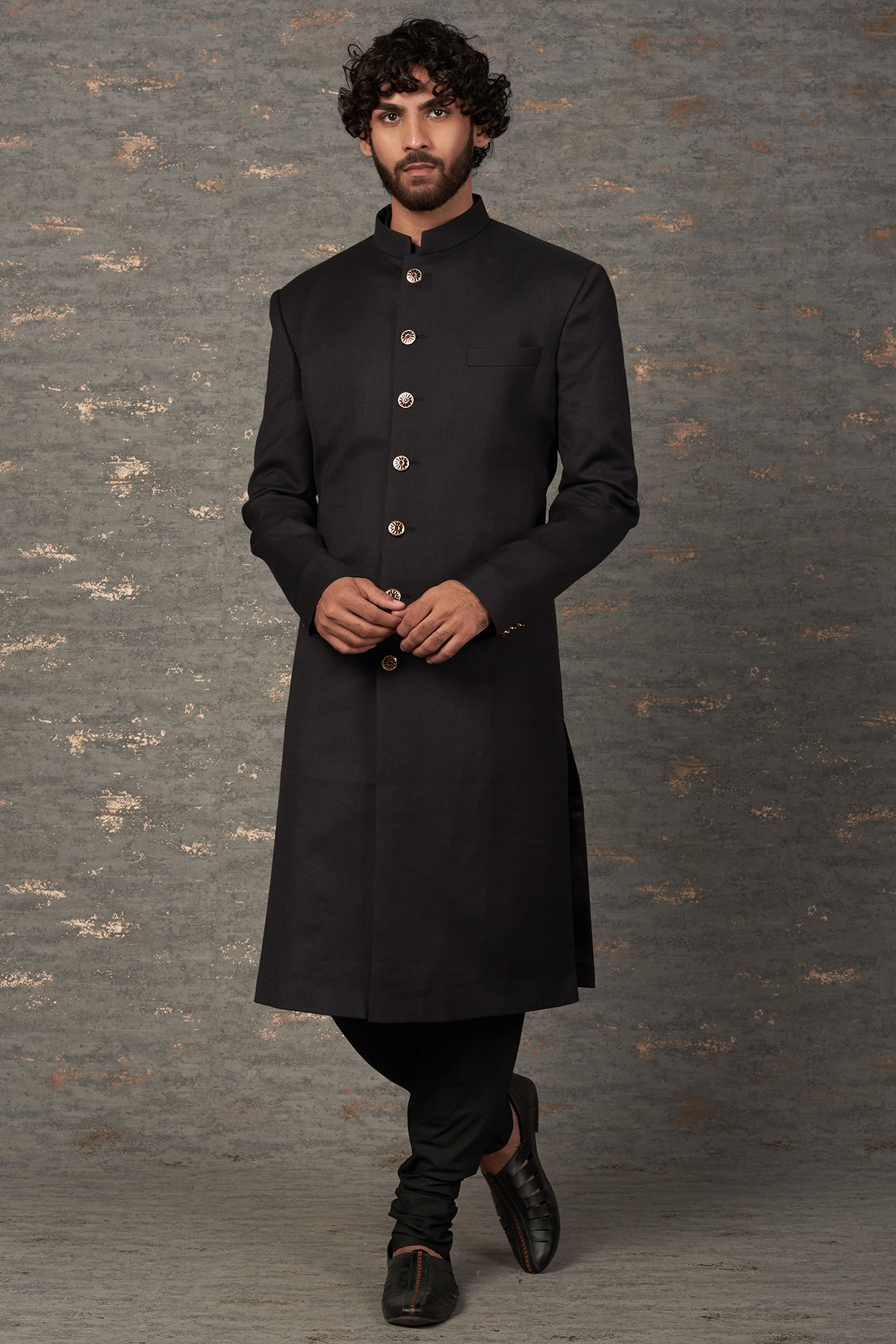 Black Wool Wedding Sherwani Set by Qbik Men at Pernia's Pop Up Shop