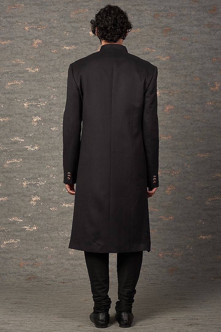 Black Wool Wedding Sherwani Set by Qbik Men at Pernia's Pop Up Shop