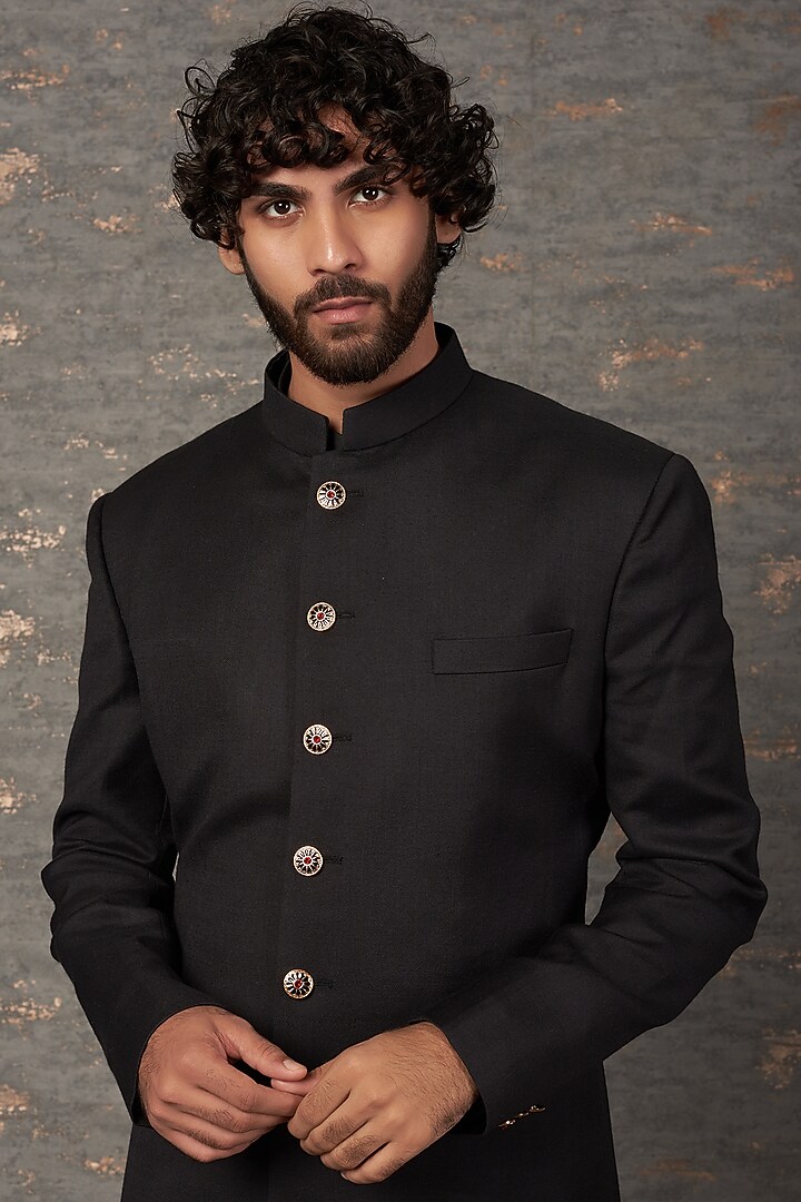 Black Wool Wedding Sherwani Set by Qbik Men at Pernia's Pop Up Shop