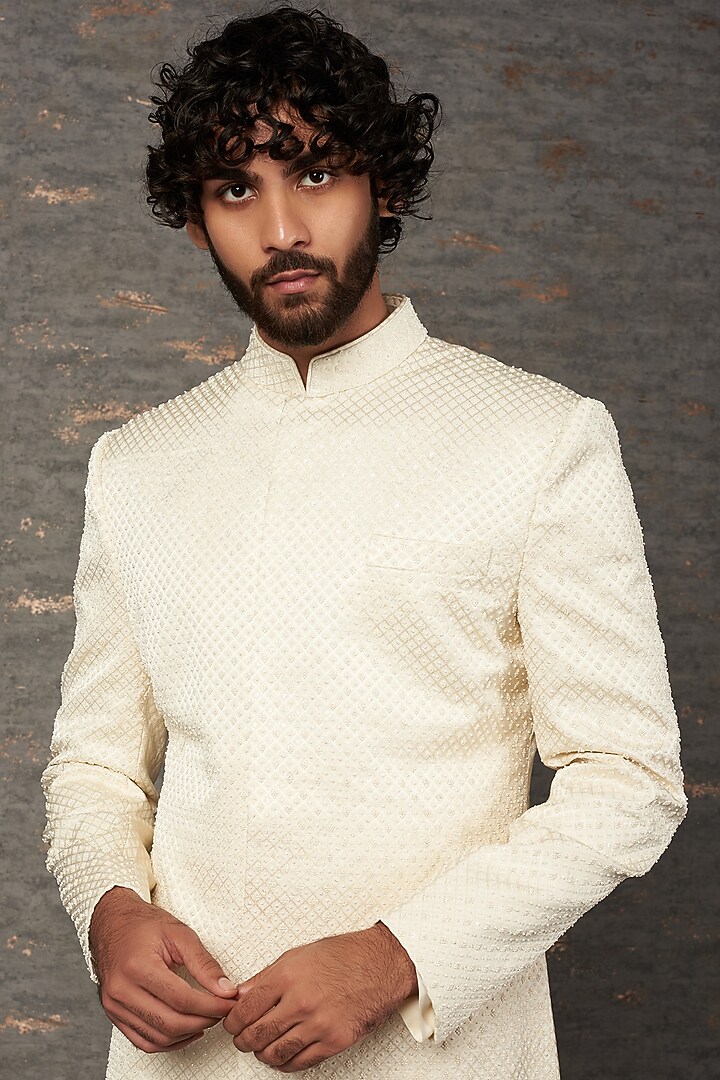 Ivory Embroidered Groom Sherwani Set by Qbik Men at Pernia's Pop Up Shop