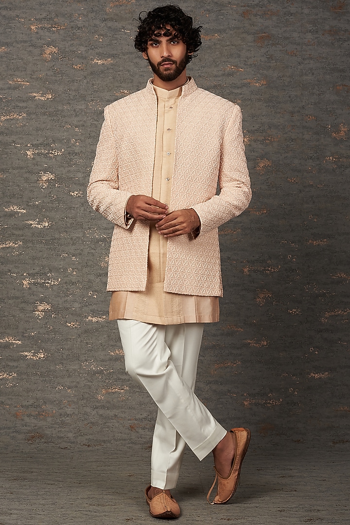 Peach Silk Indo Western Jacket Set by Qbik Men at Pernia's Pop Up Shop