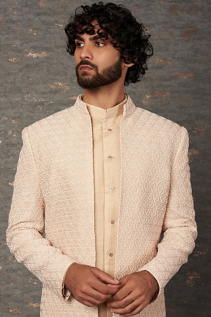 Peach Silk Indo Western Jacket Set by Qbik Men at Pernia's Pop Up Shop