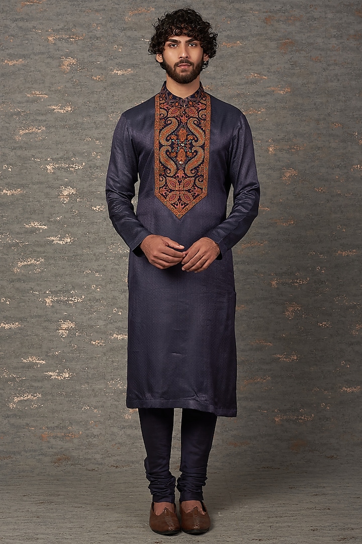 Navy Blue Viscose Kurta Set by Qbik Men