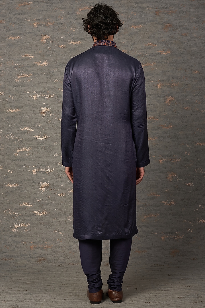 Navy Blue Viscose Wool Patchwork Kurta Set by Qbik Men at Pernia's Pop Up Shop