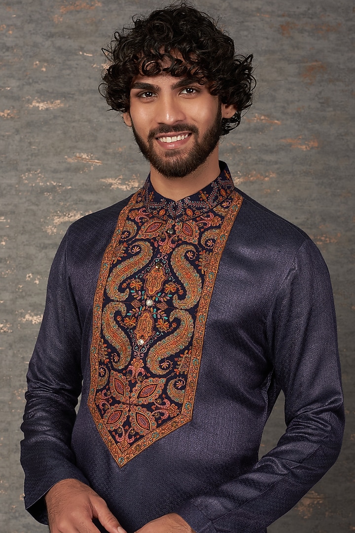 Navy Blue Viscose Wool Patchwork Kurta Set by Qbik Men at Pernia's Pop Up Shop