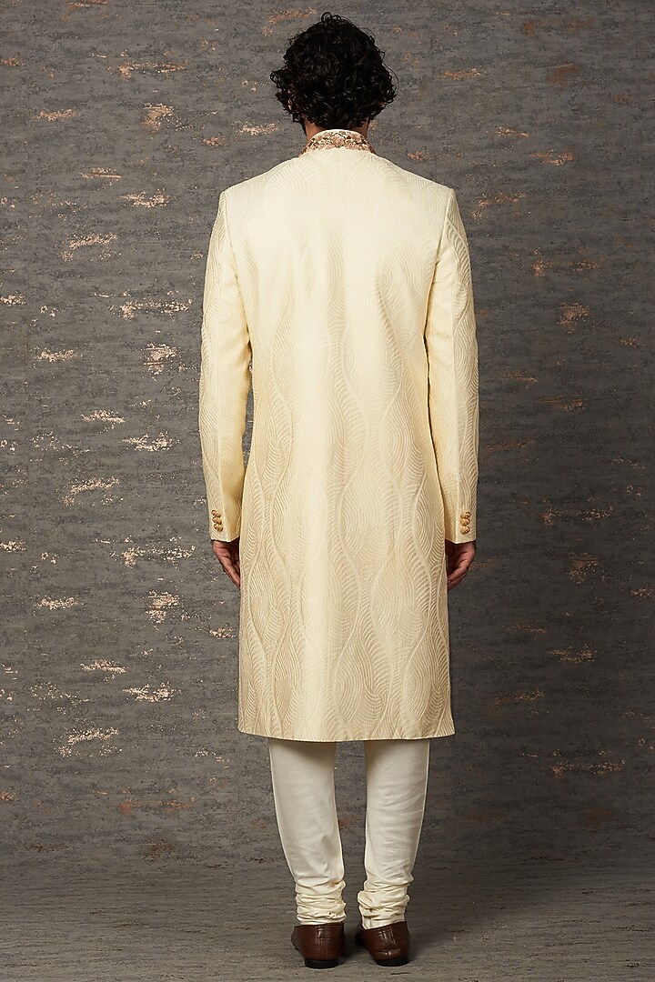 Cream Jacquard Embroidered Groom Sherwani Set by Qbik Men at Pernia's Pop Up Shop