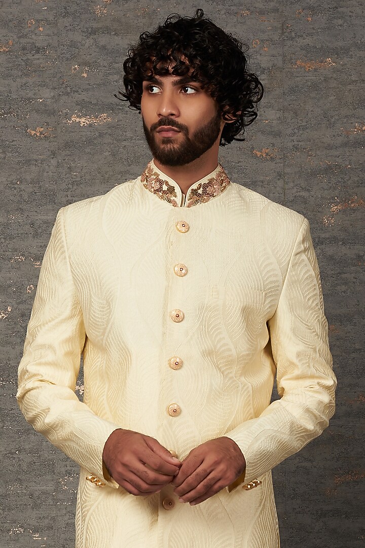 Cream Jacquard Embroidered Groom Sherwani Set by Qbik Men at Pernia's Pop Up Shop