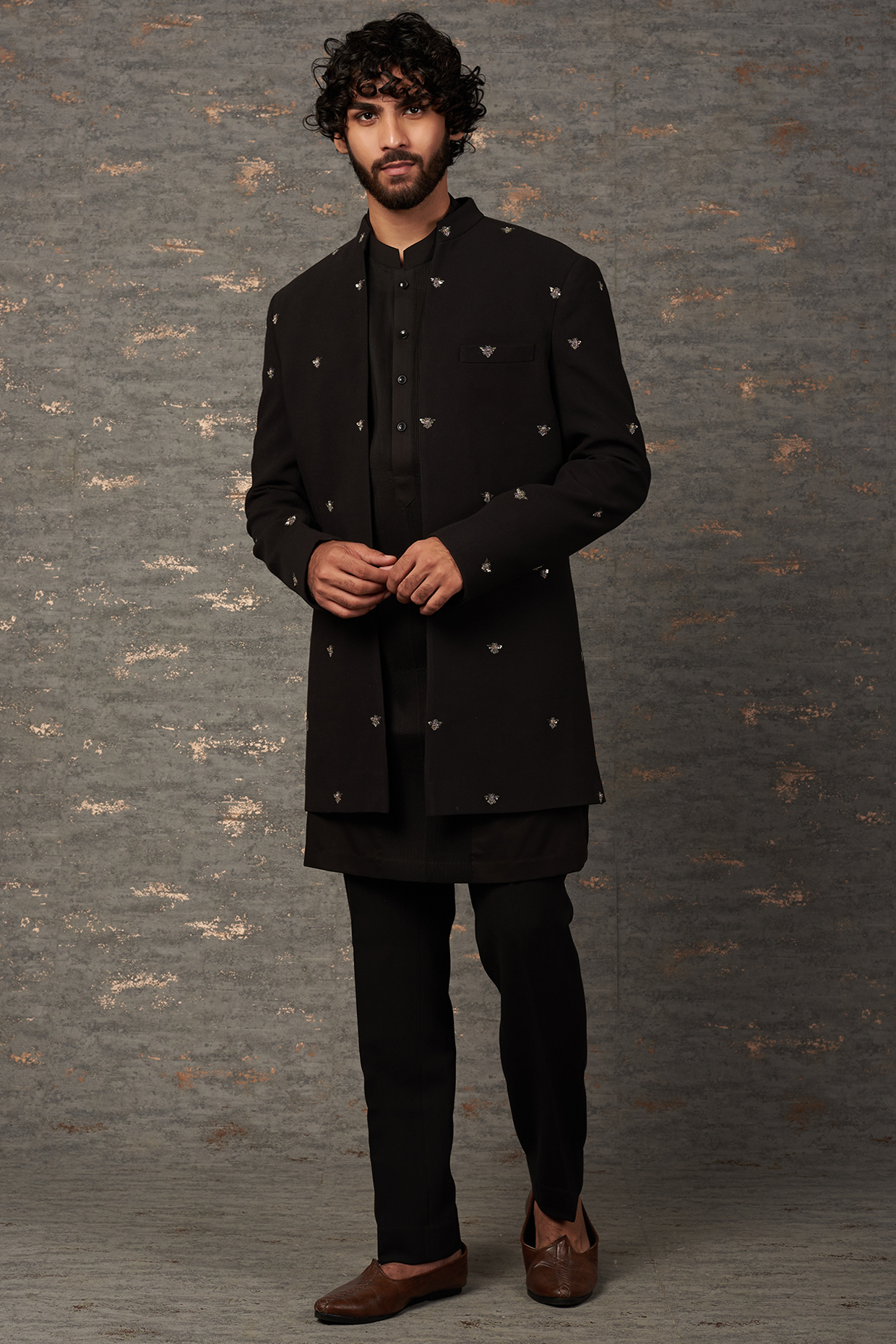 Black Embroidered Indo Western Set by Qbik Men