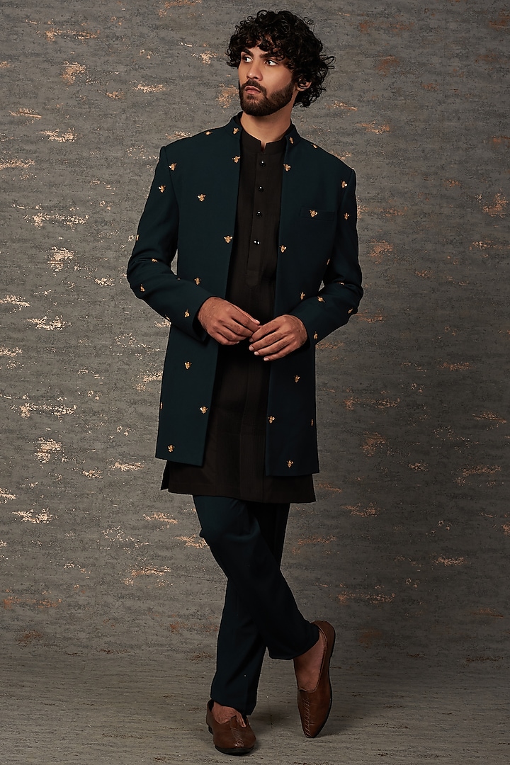 Green Wool Embroidered Indo Western Set by Qbik Men