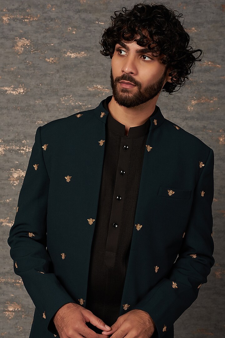 Green Wool Embroidered Indo Western Set by Qbik Men at Pernia's Pop Up Shop