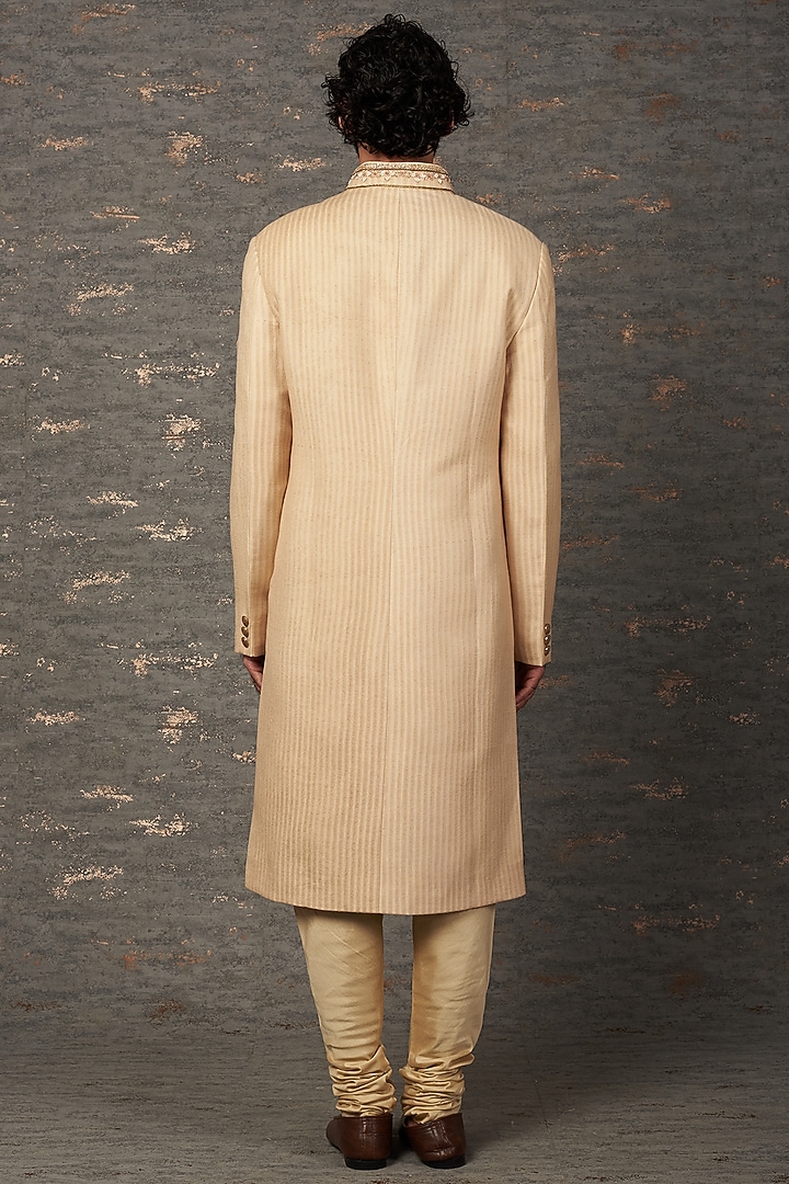 Gold Silk Hand & Machine Embroidered Wedding Sherwani Set by Qbik Men at Pernia's Pop Up Shop