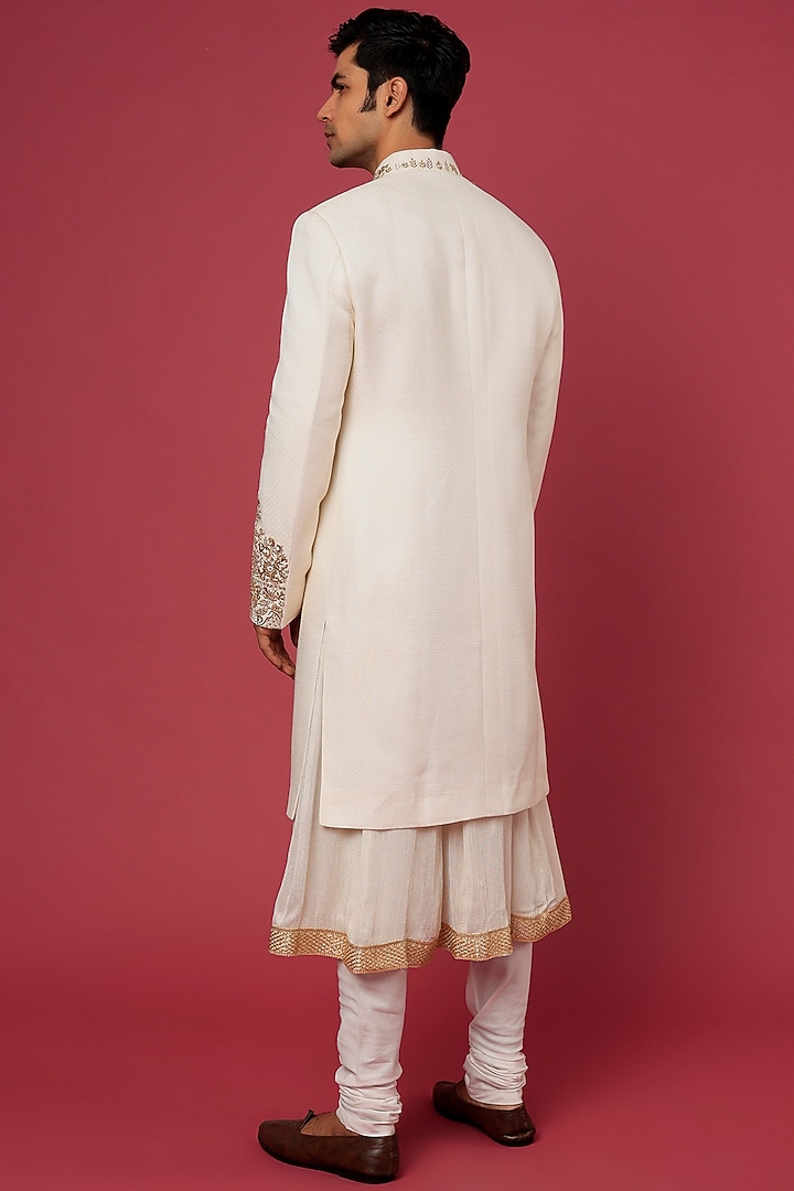 Ivory Silk Groom Sherwani Set by Qbik Men at Pernia's Pop Up Shop