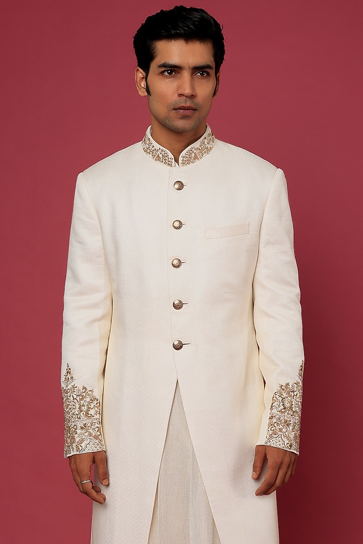 Ivory Silk Groom Sherwani Set by Qbik Men at Pernia's Pop Up Shop