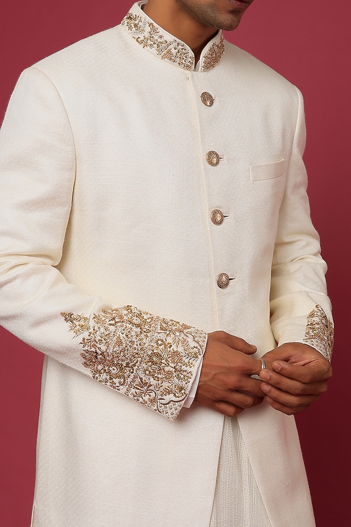 Ivory Silk Groom Sherwani Set by Qbik Men at Pernia's Pop Up Shop