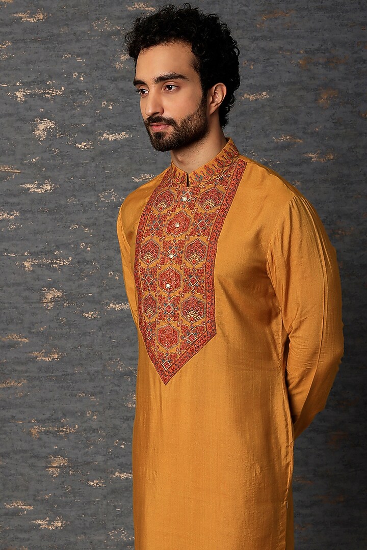 Sunrise Orange Matka Cotton Patchwork Kurta Set by Qbik Men at Pernia's Pop Up Shop