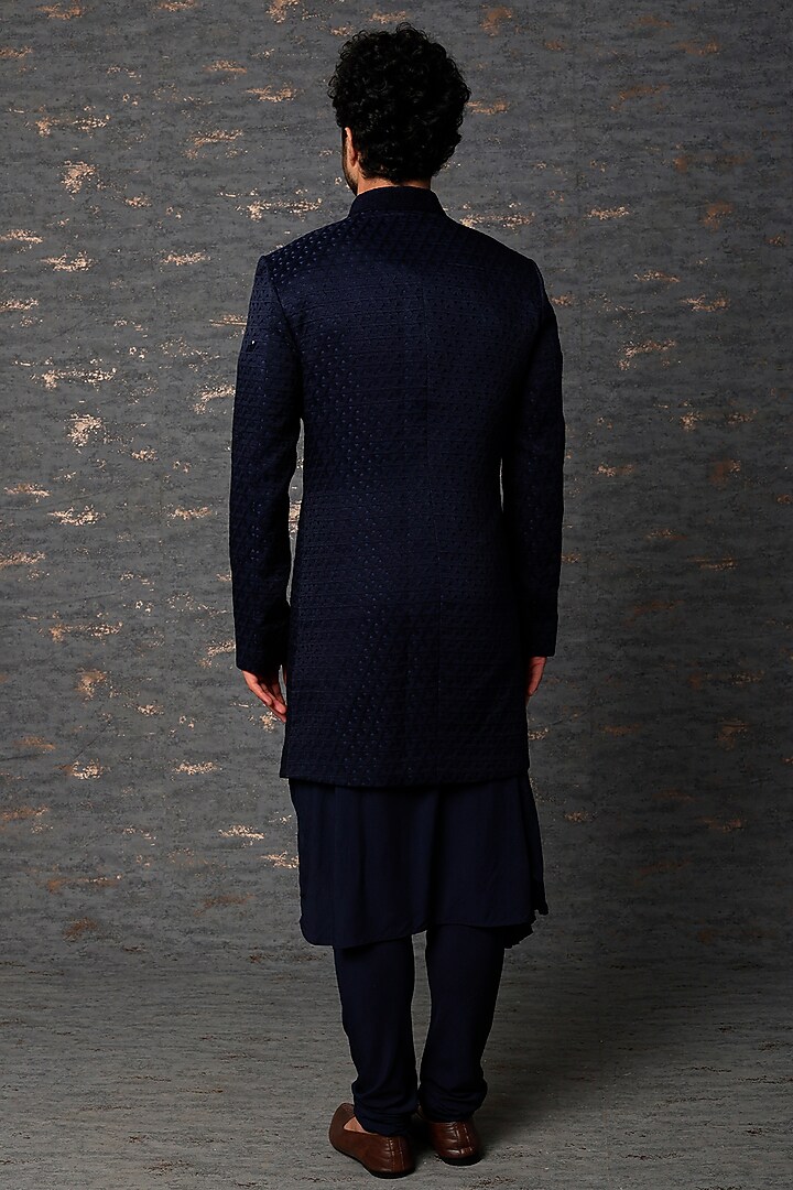 Navy Blue Embroidered Indo-Western Set by Qbik Men at Pernia's Pop Up Shop