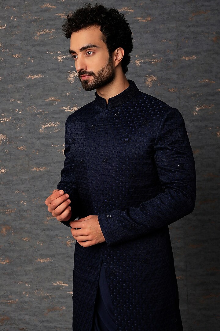 Navy Blue Embroidered Indo-Western Set by Qbik Men at Pernia's Pop Up Shop