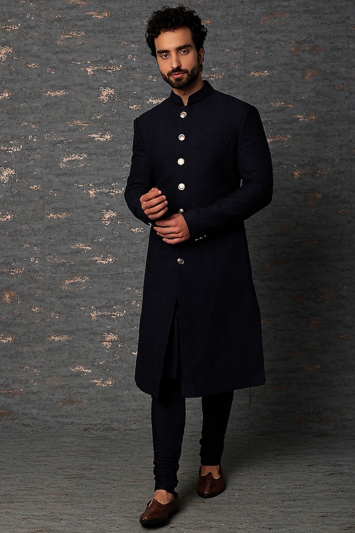 Navy Blue Quilted Wedding Sherwani Set by Qbik Men at Pernia's Pop Up Shop