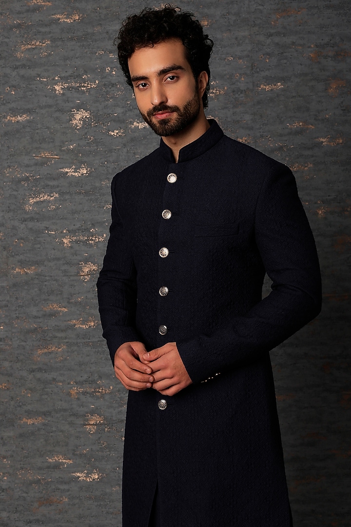 Navy Blue Quilted Wedding Sherwani Set by Qbik Men at Pernia's Pop Up Shop