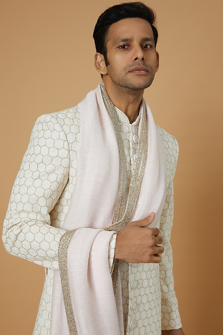 Off-White Wool Embroidered Stole by Qbik Men at Pernia's Pop Up Shop