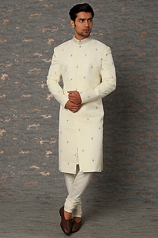 Off-White Silk Embroidered Sherwani Set by Qbik Men