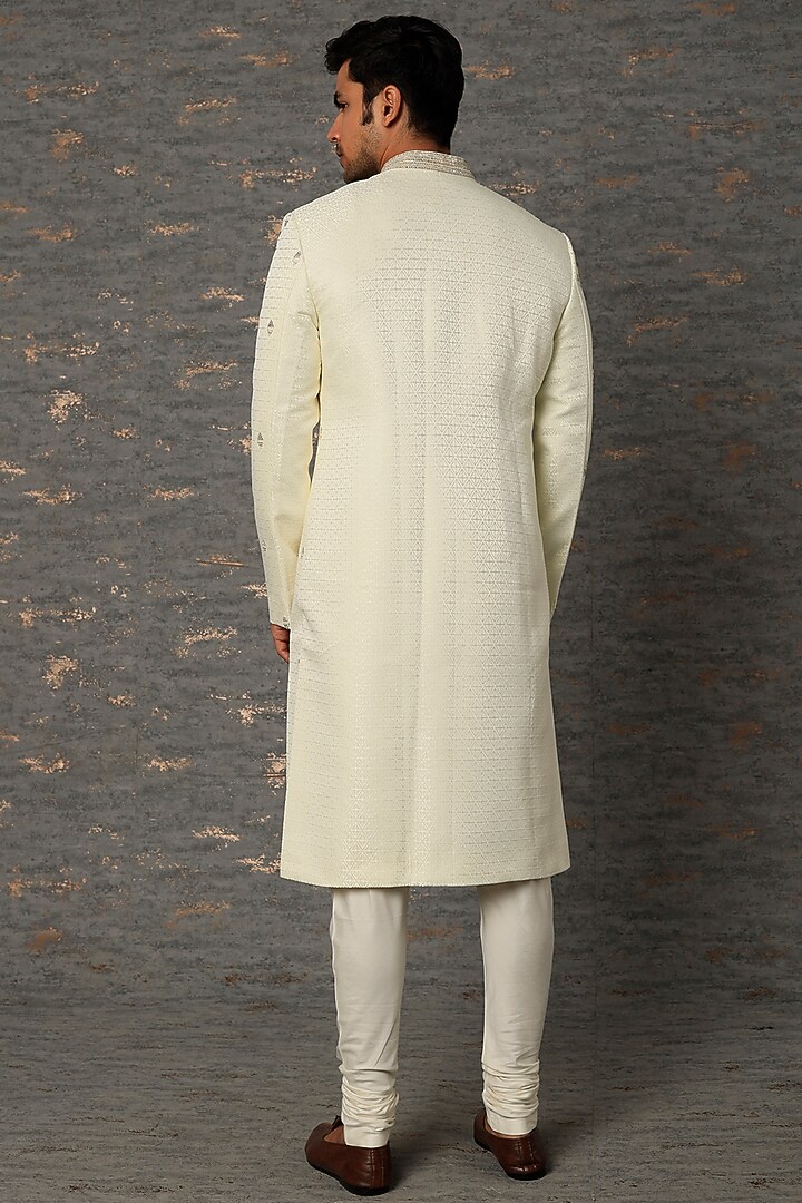 Off-White Silk Embroidered Wedding Sherwani Set by Qbik Men at Pernia's Pop Up Shop