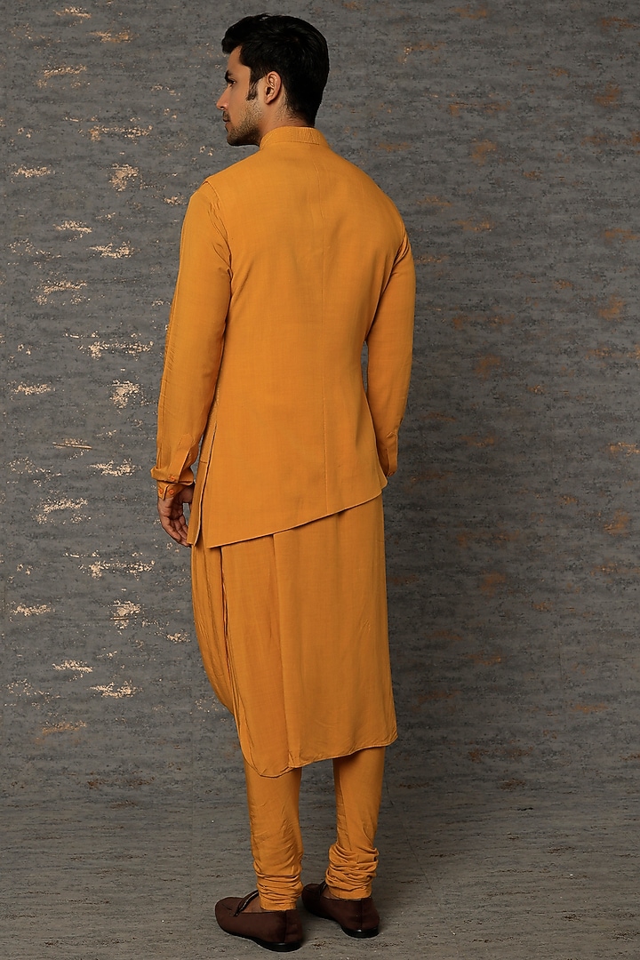 Mustard Modal Asymmetric Quilted Bundi Jacket Set by Qbik Men at Pernia's Pop Up Shop