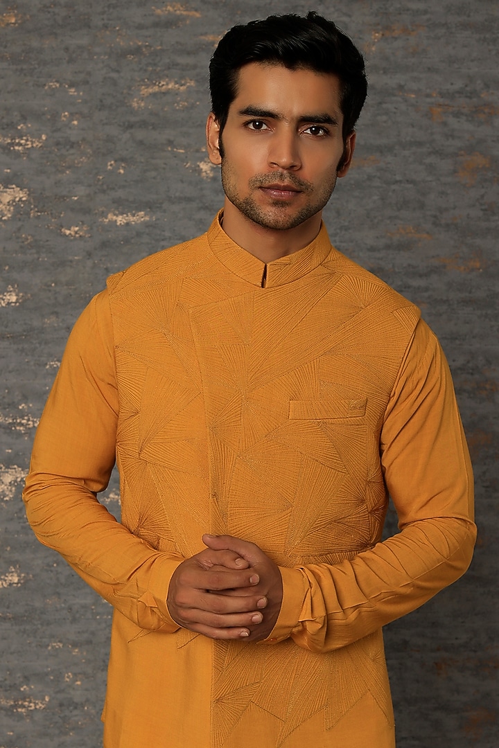 Mustard Modal Asymmetric Quilted Bundi Jacket Set by Qbik Men at Pernia's Pop Up Shop