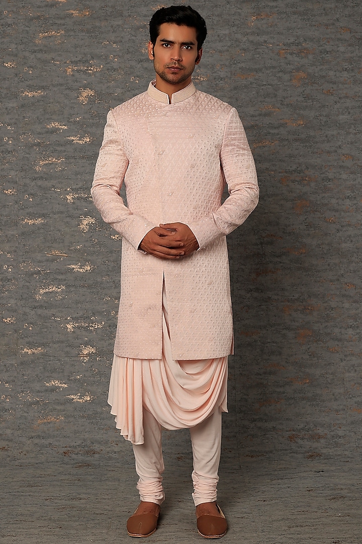 Pink Silk Embroidered Sherwani Set by Qbik Men