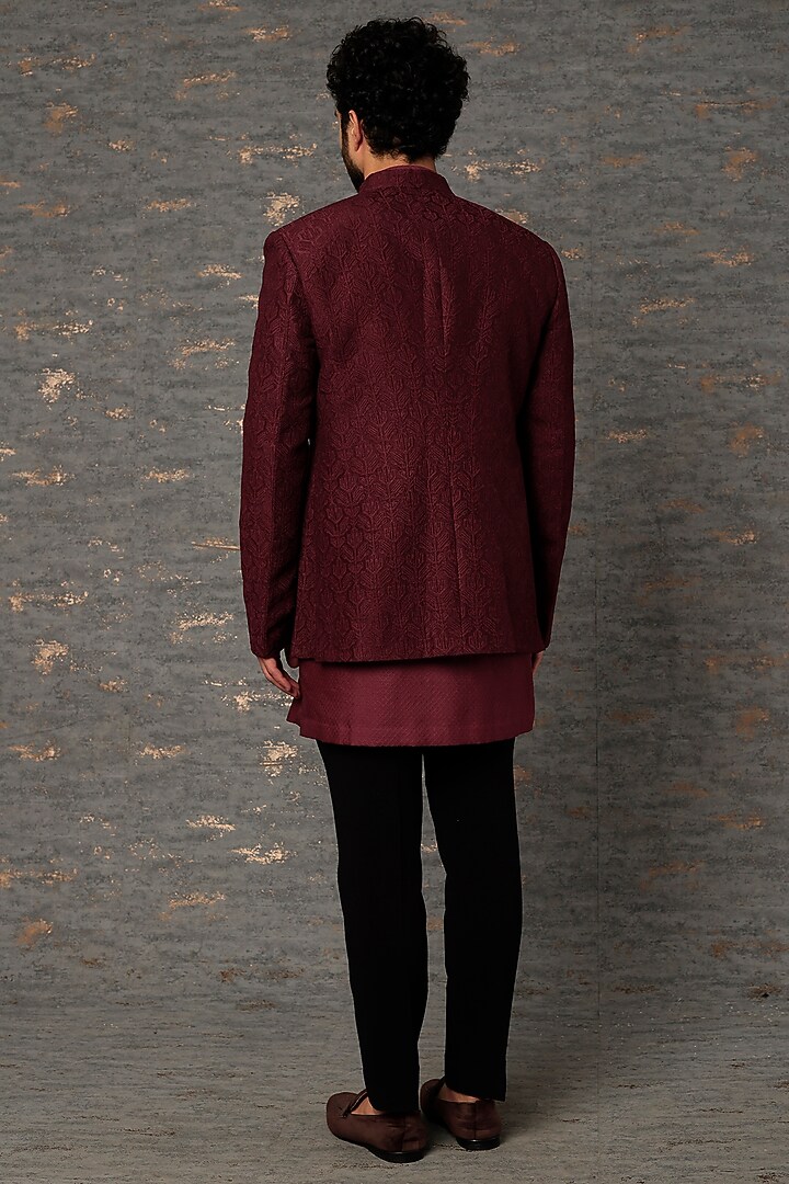Wine Silk Wedding Indowestern Jacket Set by Qbik Men at Pernia's Pop Up Shop