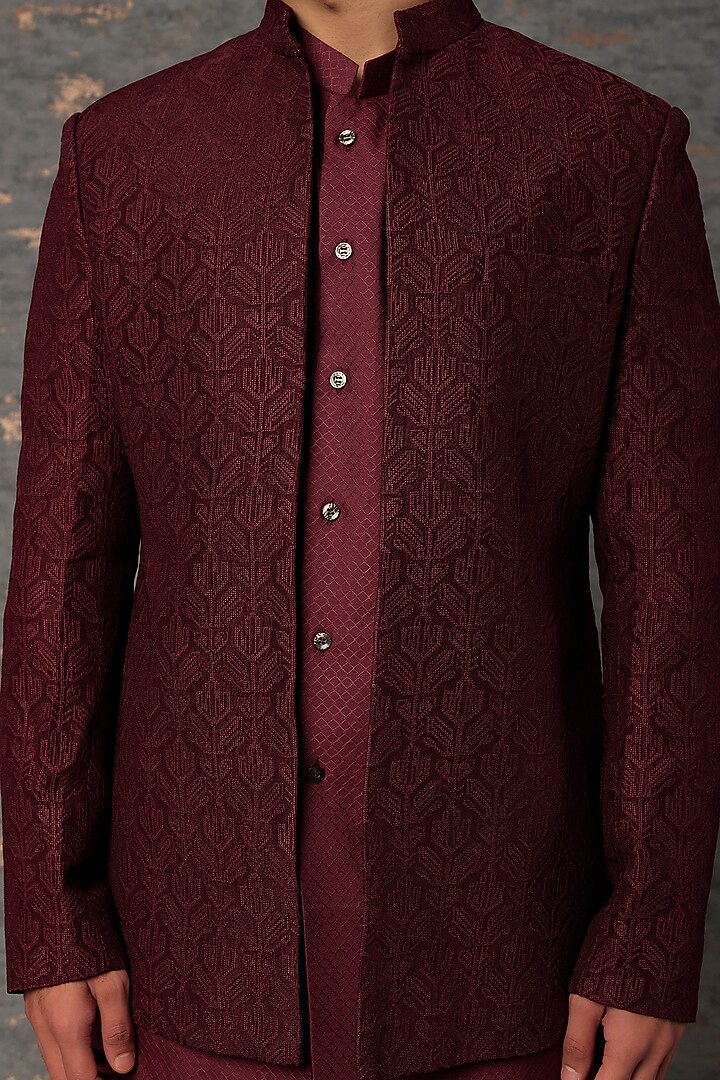 Wine Silk Wedding Indowestern Jacket Set by Qbik Men at Pernia's Pop Up Shop