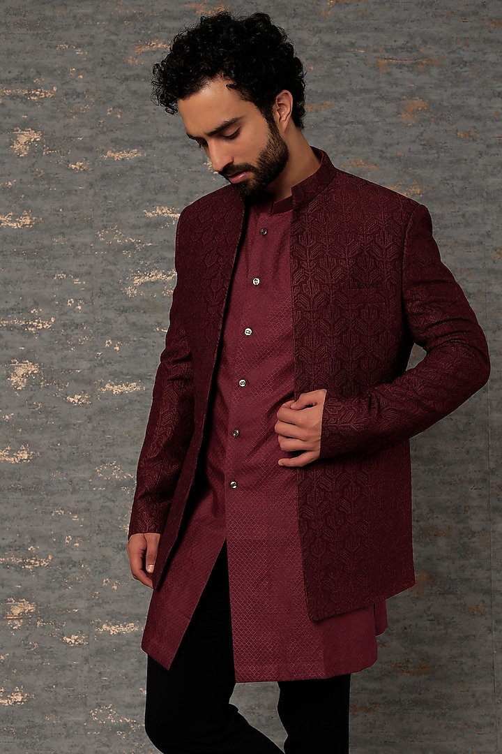 Wine Silk Wedding Indowestern Jacket Set by Qbik Men at Pernia's Pop Up Shop