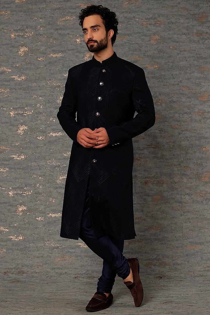 Navy Silk Groom Sherwani Set by Qbik Men at Pernia's Pop Up Shop