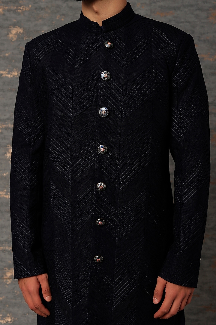 Navy Silk Groom Sherwani Set by Qbik Men at Pernia's Pop Up Shop