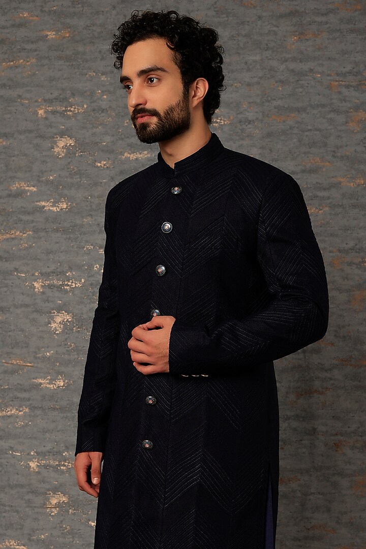 Navy Silk Groom Sherwani Set by Qbik Men at Pernia's Pop Up Shop