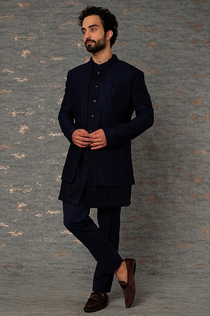 Navy Silk Wedding Indowestern Jacket Set by Qbik Men at Pernia's Pop Up Shop