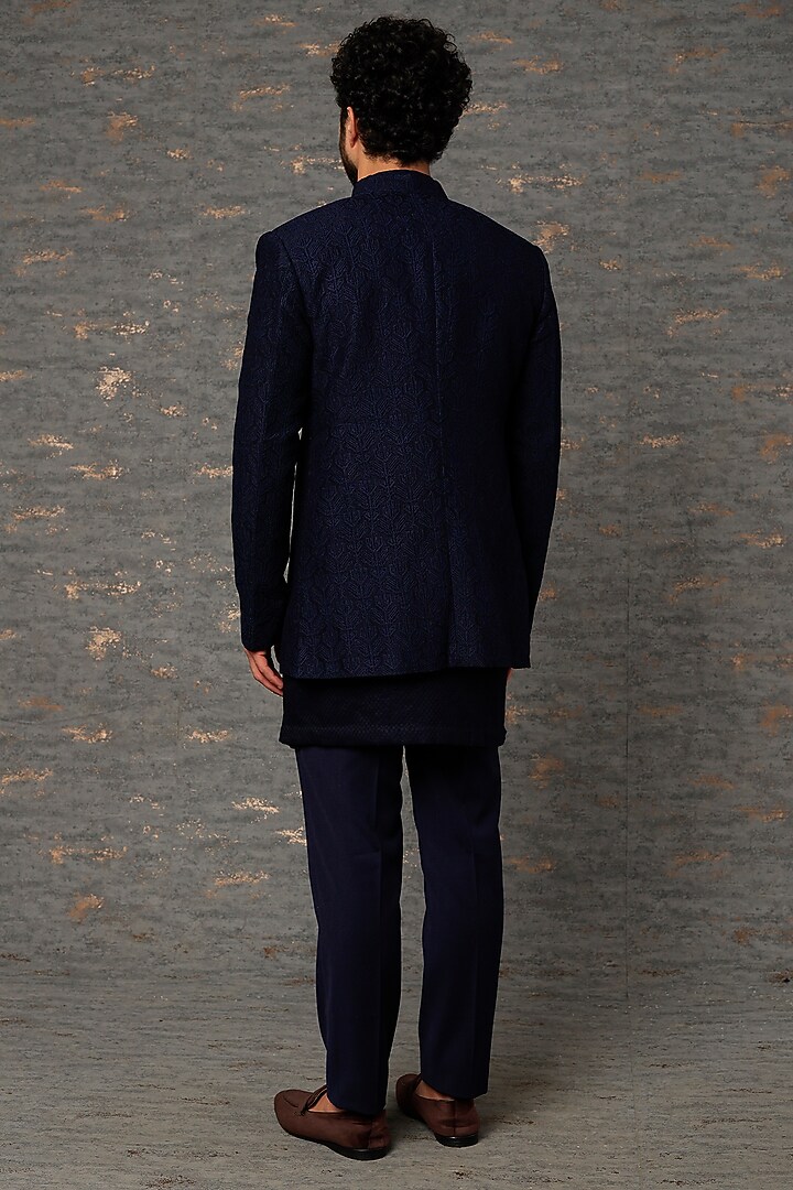 Navy Silk Wedding Indowestern Jacket Set by Qbik Men at Pernia's Pop Up Shop