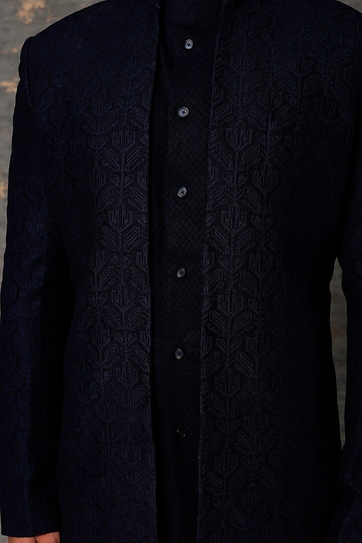Navy Silk Wedding Indowestern Jacket Set by Qbik Men at Pernia's Pop Up Shop