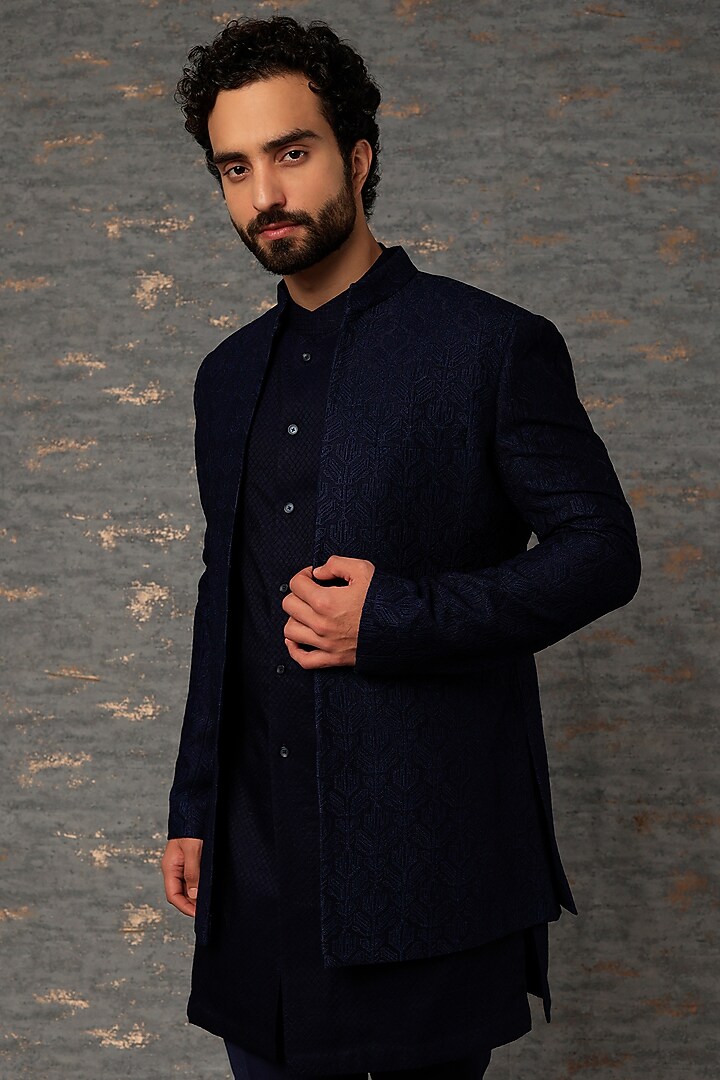 Navy Silk Wedding Indowestern Jacket Set by Qbik Men at Pernia's Pop Up Shop