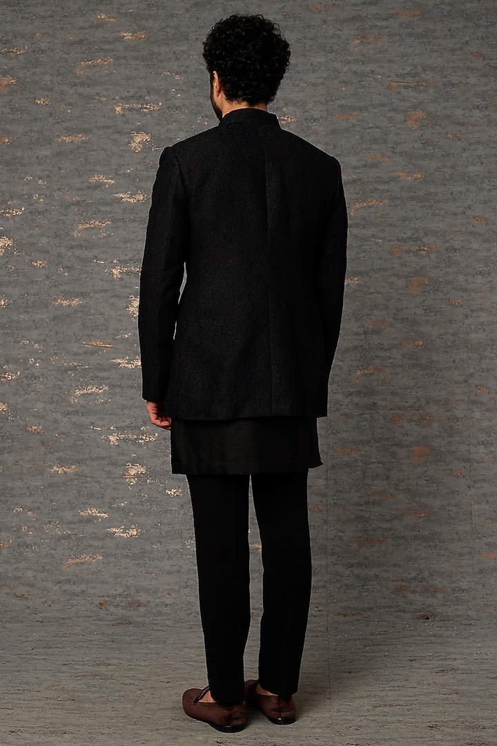 Black Silk Wedding Indowestern Jacket Set by Qbik Men at Pernia's Pop Up Shop