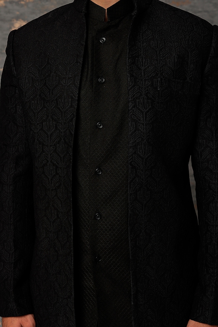 Black Silk Wedding Indowestern Jacket Set by Qbik Men at Pernia's Pop Up Shop