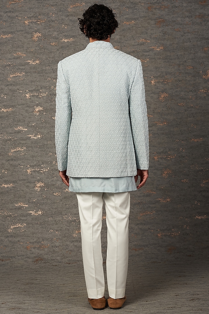 Aqua Blue Silk Embroidered Indo Western Set by Qbik Men at Pernia's Pop Up Shop